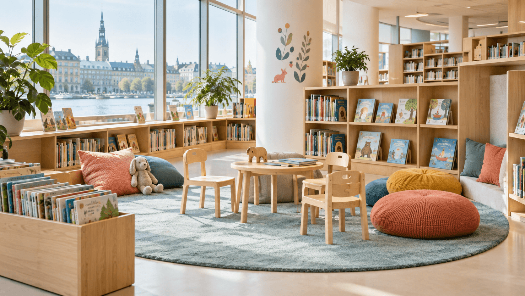 Kinderbereich einer Bibliothek mit Regalen und Leseinsel