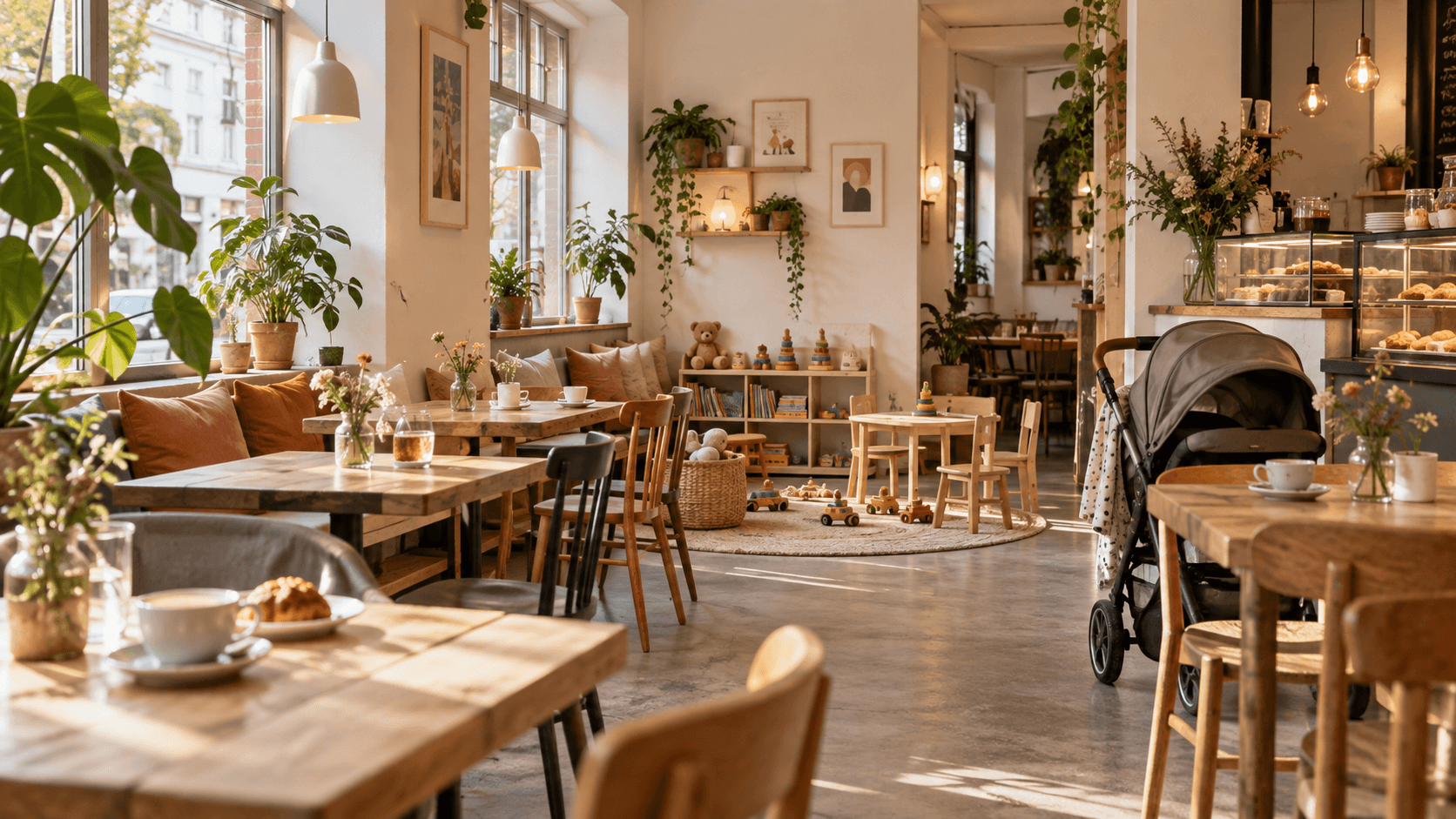 Familienfreundliches Restaurant mit Tischen und Kinderwagen