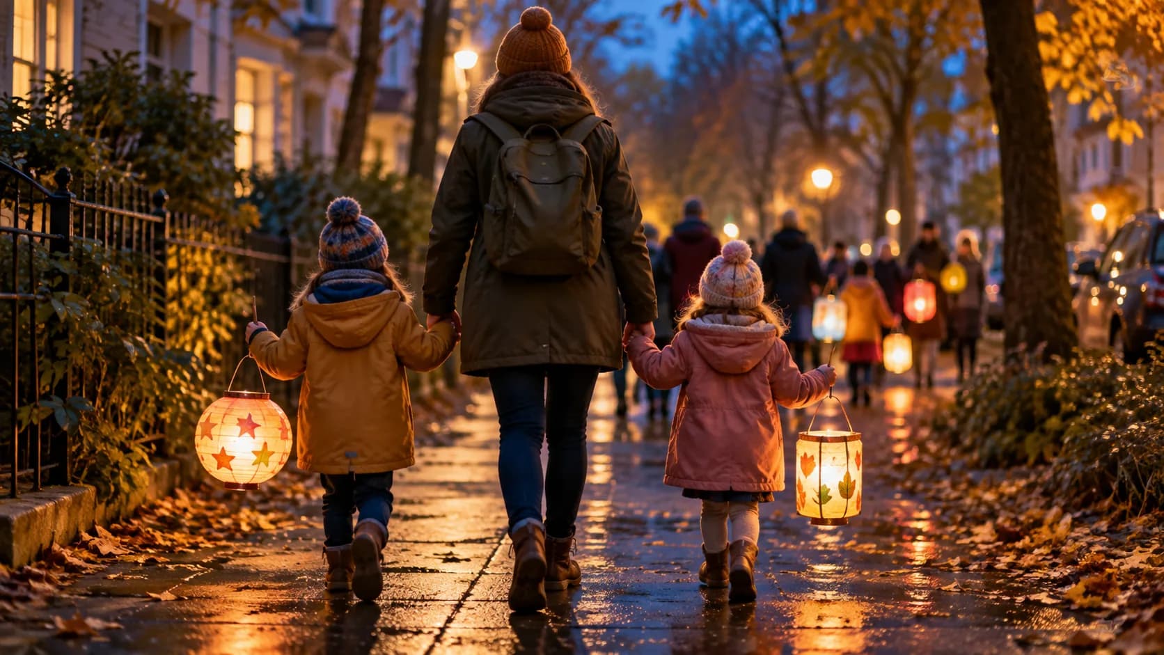 Familie mit zwei Kindern und leuchtenden Papierlaternen bei einem Laternenumzug am Herbstabend