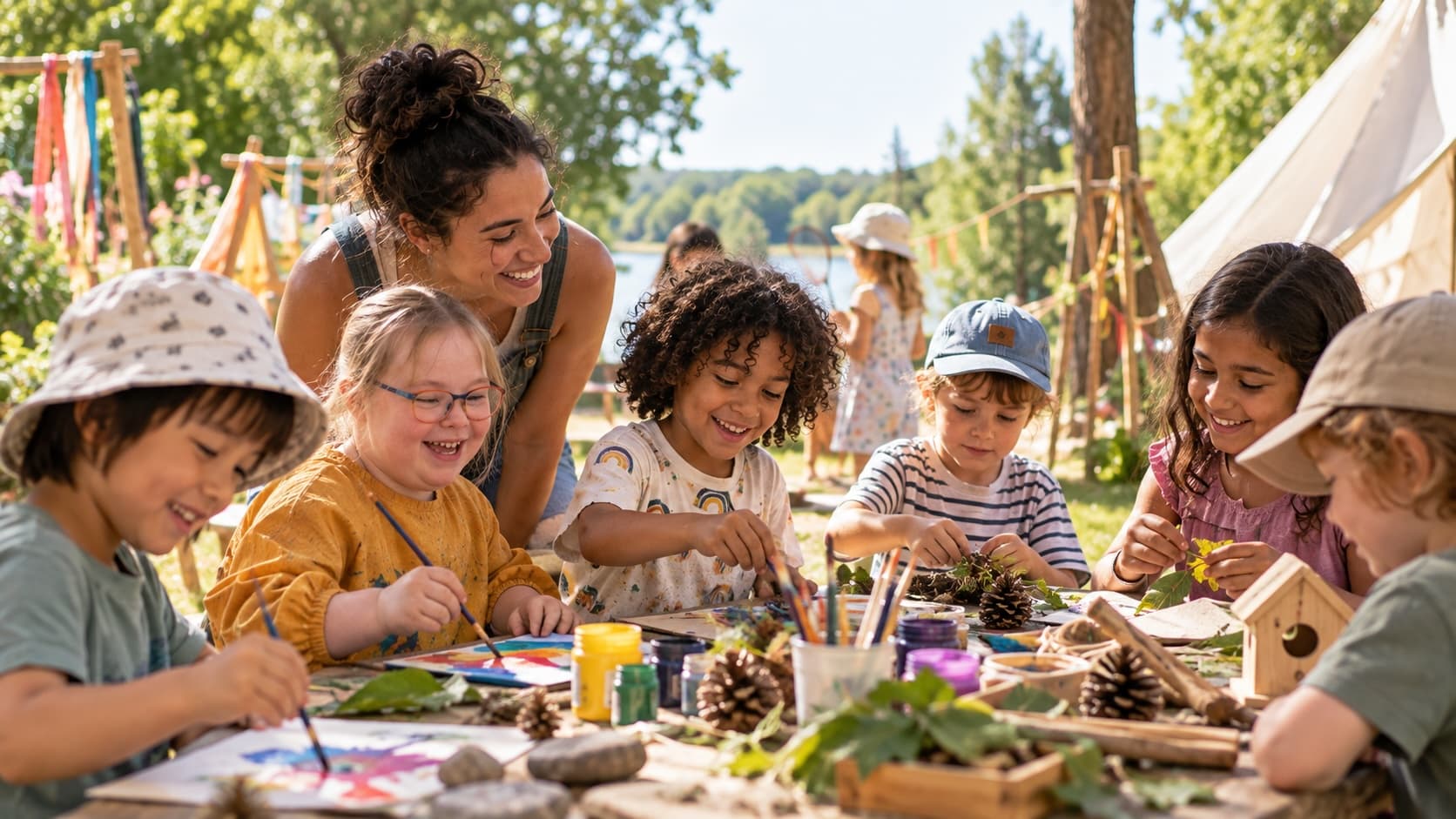 Kinder basteln gemeinsam an einem langen Tisch