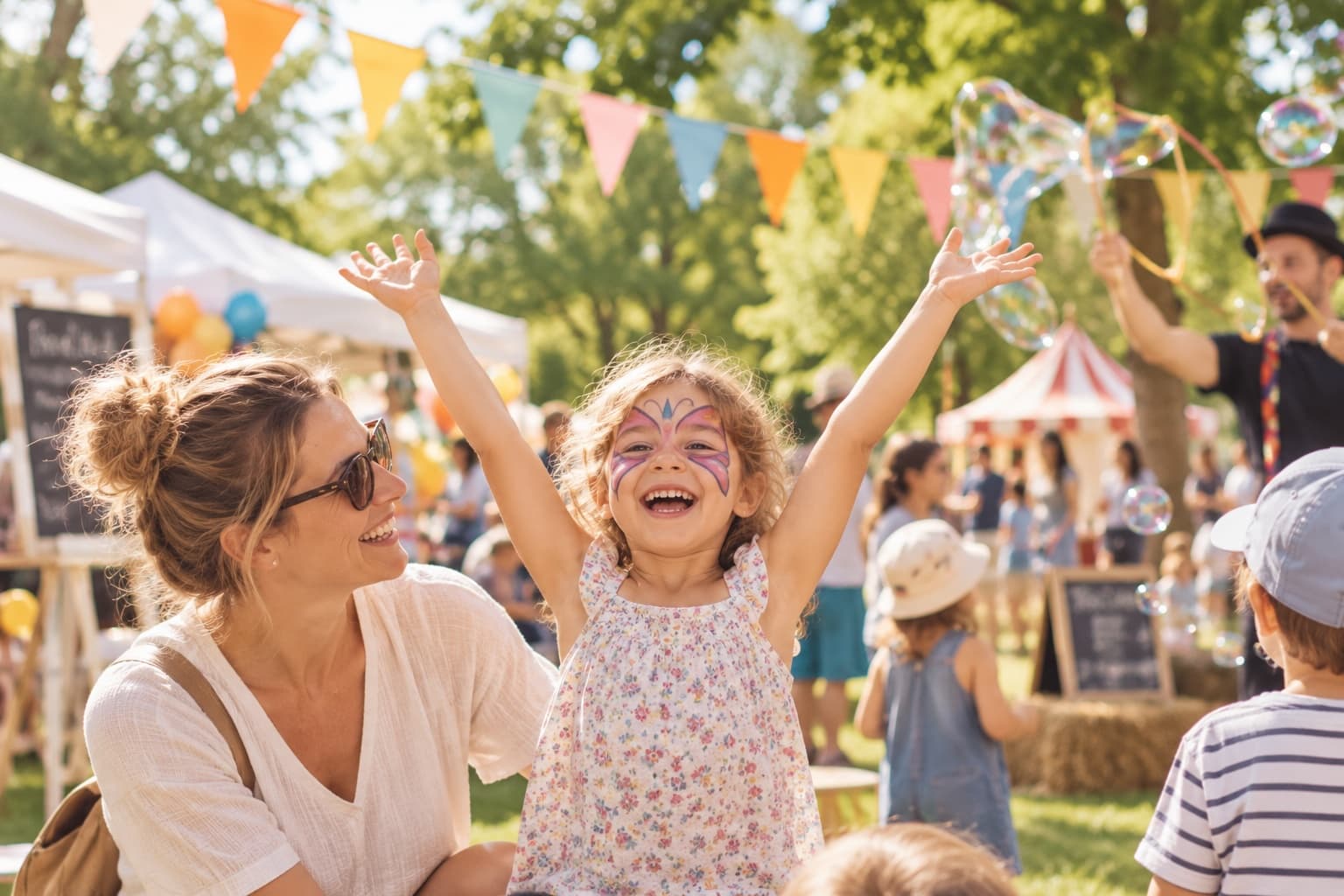 Kind lacht bei einem Sommerfest unter bunten Wimpelketten