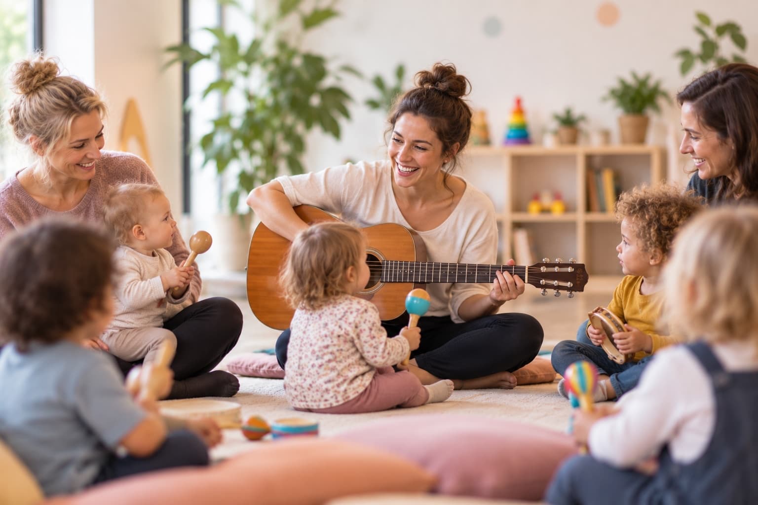 Eltern und Kleinkinder sitzen im Kreis bei einem Musikkurs