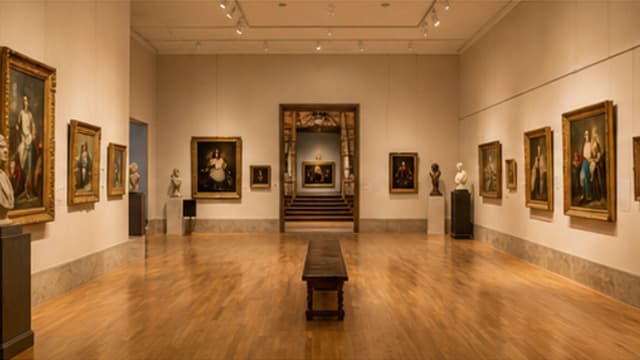 Ausstellungsraum eines Museums mit Gemälden an den Wänden