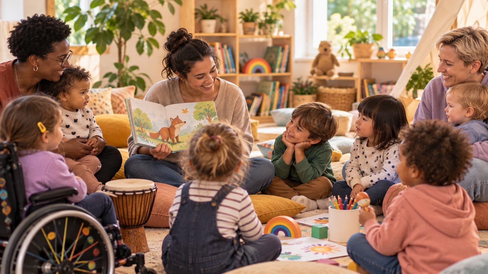 Kinder und Eltern sitzen im Kreis und hören einer Vorleserin zu