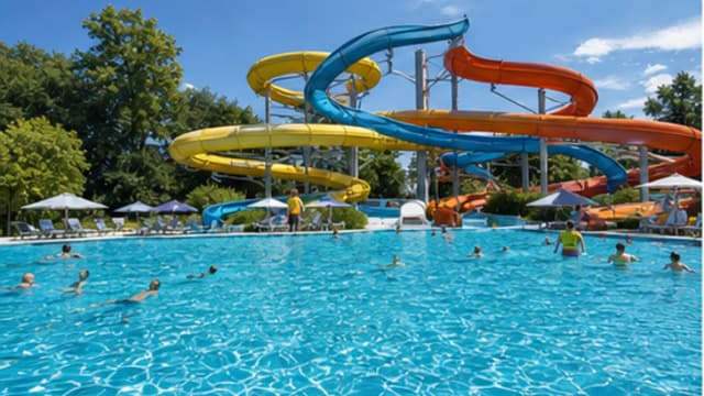 Freibad mit bunten Rutschen und Schwimmbecken